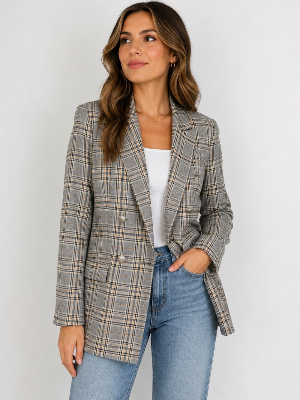 Nine West Plaid Double Breasted Blazer Medium Gray Cream Preppy Academia